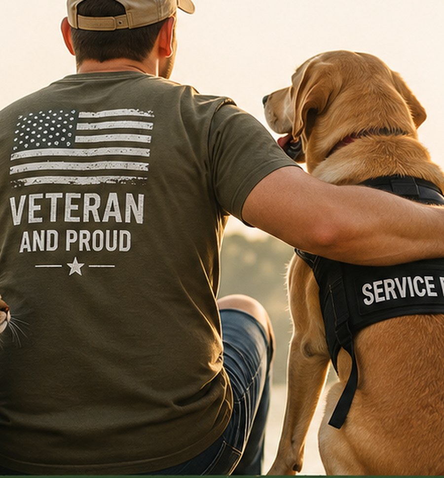 A veteran in a Veteran and Proud shirt sits with an arm around his service dog